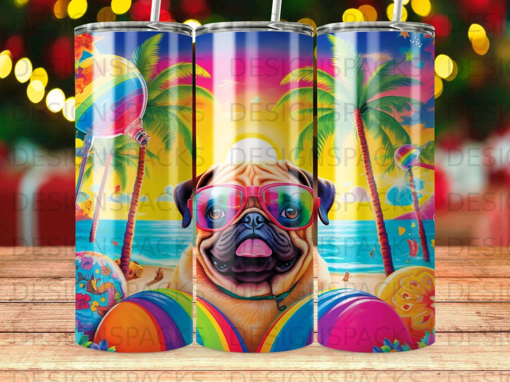 Pug Paradise Beach Tumbler Digital Wrap Design