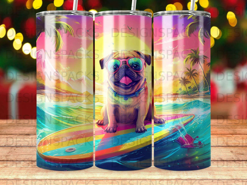 Pug Surfer Sunset Tumbler Digital Wrap Design