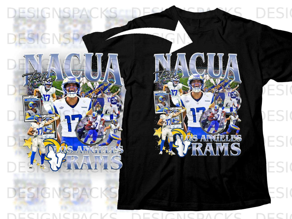 Los Angeles Rams player Puka Nacua #17 on a black t-shirt design.