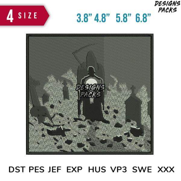 Grim Reaper embroidery design in graveyard, 4 sizes, DST PES JEF formats, print-ready for DTG/DTF