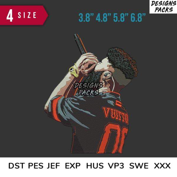 Embroidery design of soccer player in jersey with 4 size options, DST PES JEF formats