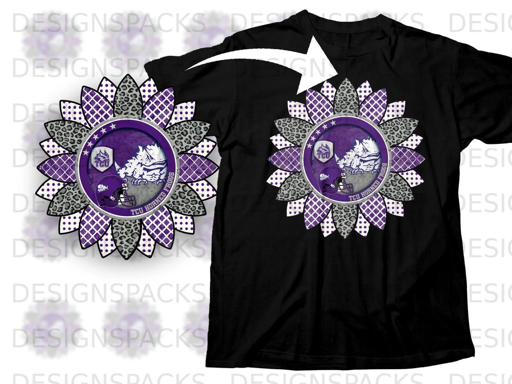 TCU Horned Frogs sunflower graphic on black t-shirt.