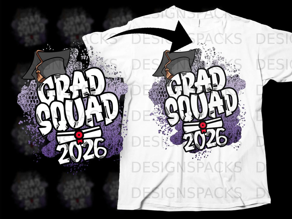 "Grad Squad 2026" design on a white t-shirt with a graduation cap and diploma.