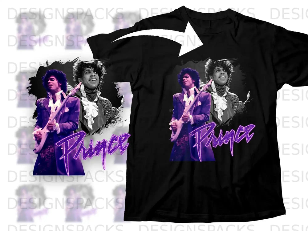 Black t-shirt with Prince performing with a guitar.