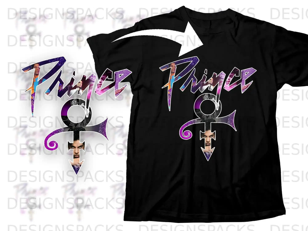 Black t-shirt with Prince symbol and purple "Prince" lettering.