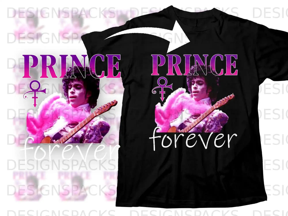 Prince "Forever" t-shirt graphic with Prince playing guitar.
