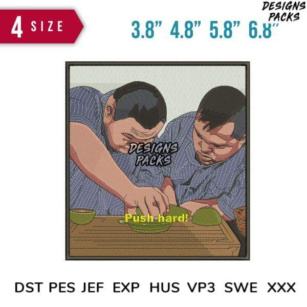 Embroidery design of two men pushing hard, available in PES, DST, EXP formats, 4 sizes for instant download.
