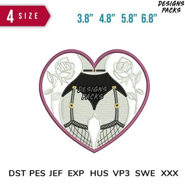 Heart-shaped embroidery design with lingerie and roses, 4 sizes, PES DST EXP formats