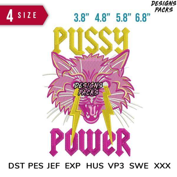 Pussy Power embroidery design with pink cat, lightning bolts, and 4 size options for instant download
