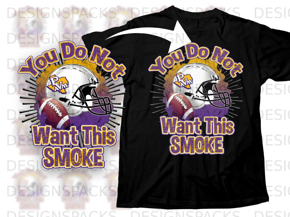 Black t-shirt with graphic "You Do Not Want This SMOKE" and football helmet.
