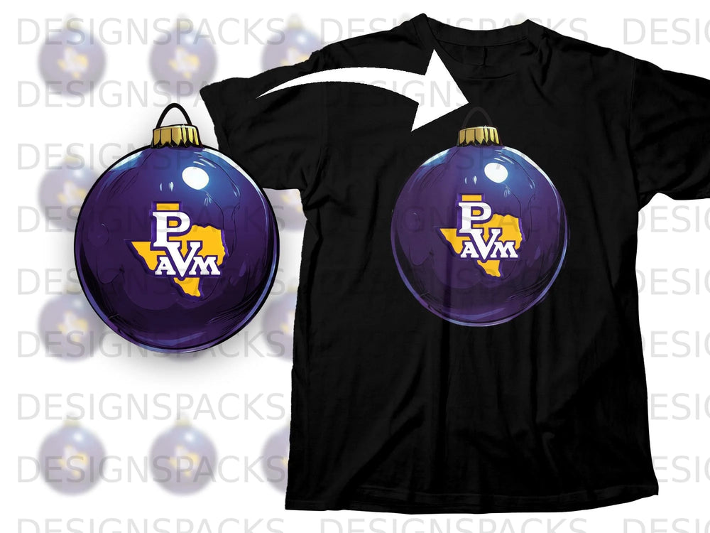 Black t-shirt featuring a purple Christmas ornament with P.A.V.M. Texas logo.