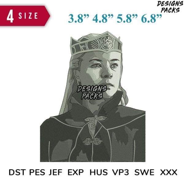 Embroidery design of regal woman in crown, available in 4 sizes & formats like PES, DST for instant download