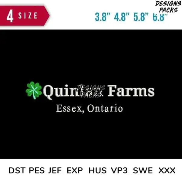 Quinn Farms Essex Ontario logo with shamrock, available in multiple embroidery file formats