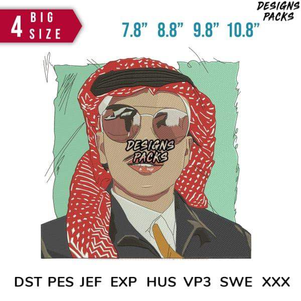Embroidery design of man in red keffiyeh & sunglasses, 4 sizes, DST PES JEF formats