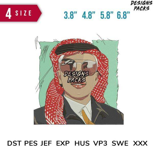 Embroidery design of man in red keffiyeh and sunglasses, available in 4 sizes and multiple formats