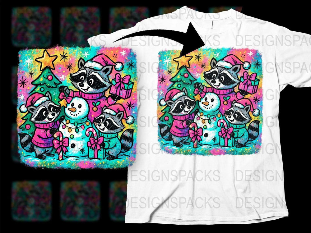 Christmas Raccoon T-Shirt Colorful Holiday Animal Graphic Tee Festive Family Matching Outfits