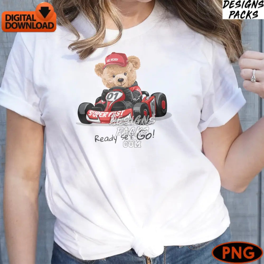 Racing Teddy Bear Digital Png Cute On Go-Kart Instant Download Children’s Print
