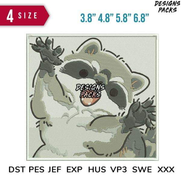 Cute raccoon embroidery design in 4 sizes, compatible with DST PES JEF formats for instant download