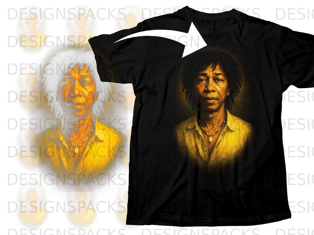 Black t-shirt featuring a portrait of a man with curly hair and a necklace.