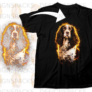 Black t-shirt featuring a brown and white dog with an fiery artistic effect.