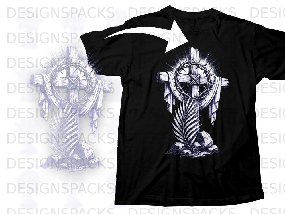 Black t-shirt with a crown of thorns, cross, and palm frond design.