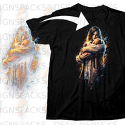 Black t-shirt with a distressed graphic of a woman holding a baby.