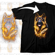 Black t-shirt with a colorful German Shepherd dog graphic on the front.
