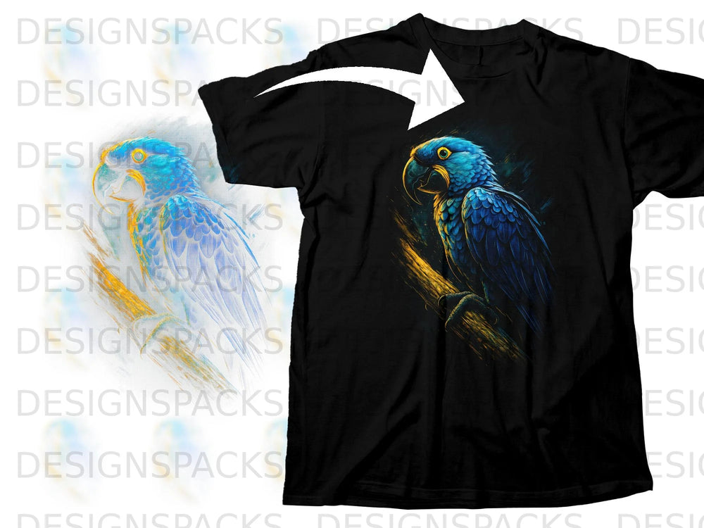 Black t-shirt featuring a vibrant blue macaw perched on a branch.