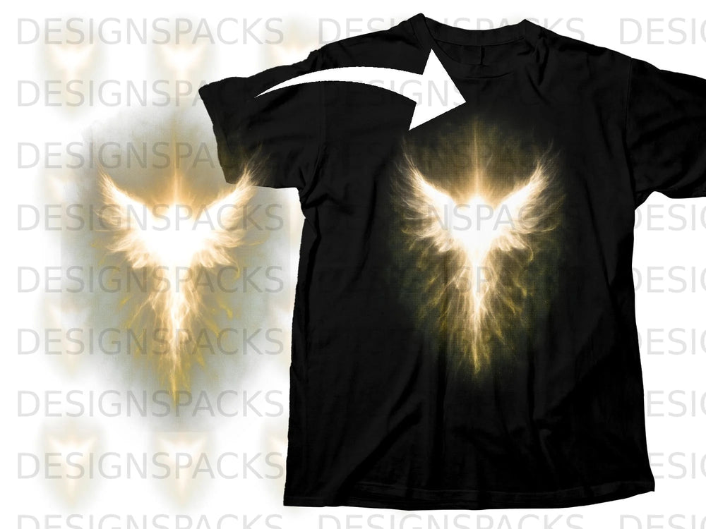 Black t-shirt featuring a luminous golden phoenix design with a white arrow overlay.