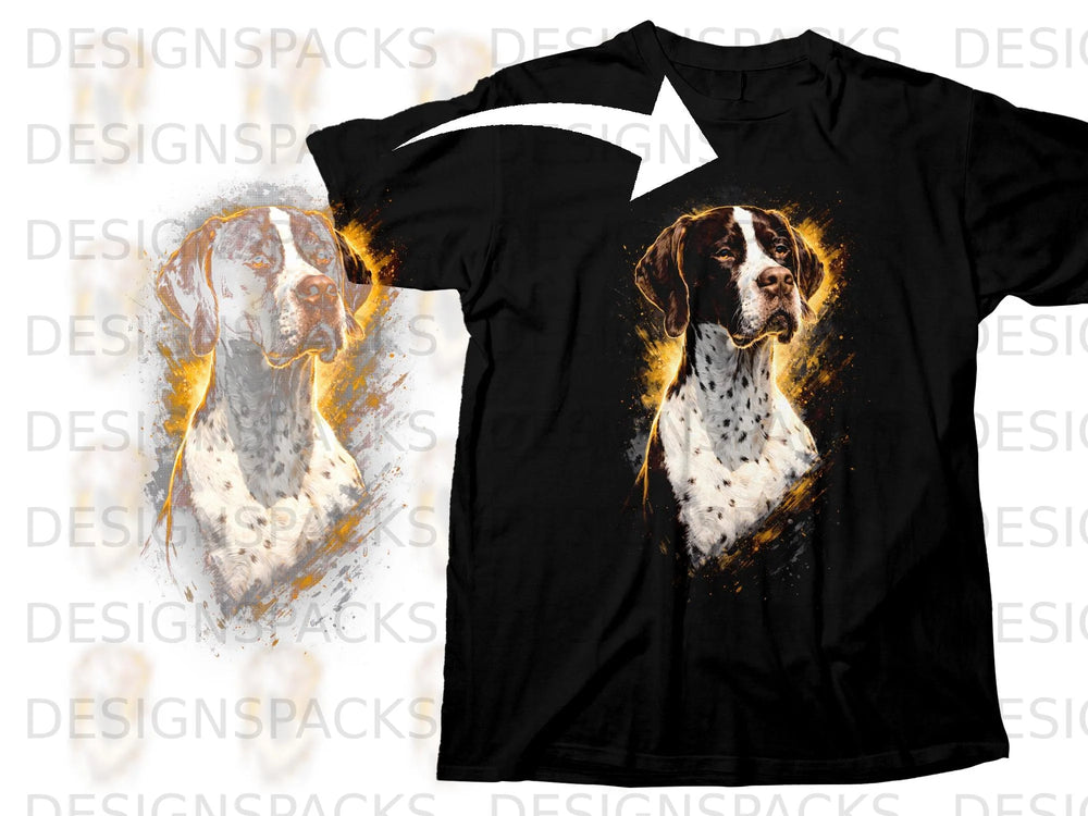 Black t-shirt with a watercolor painting of a German Shorthaired Pointer dog.