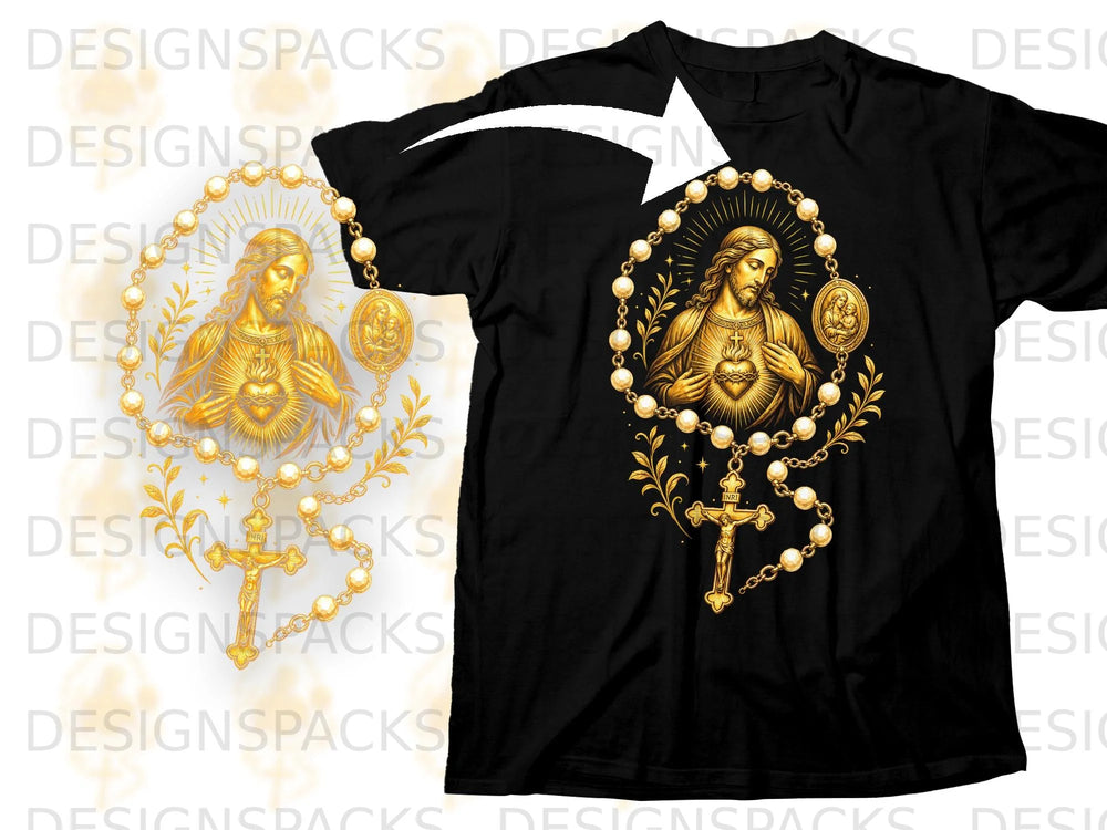 Black t-shirt with gold Sacred Heart of Jesus and cross design.