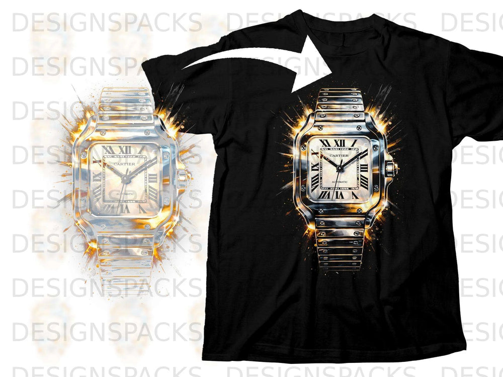 Black t-shirt with a graphic of a silver Cartier watch with Roman numerals.