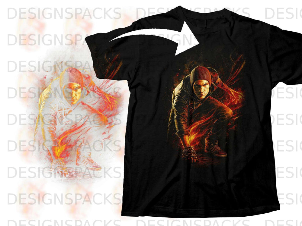Black t-shirt with graphic of a man in a beanie, crouching with flames.