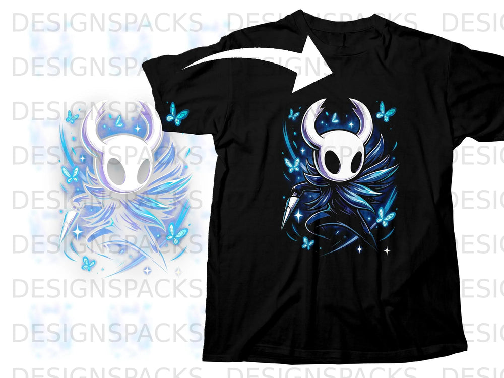 Black t-shirt with white horned character surrounded by blue butterflies and glowing energy.