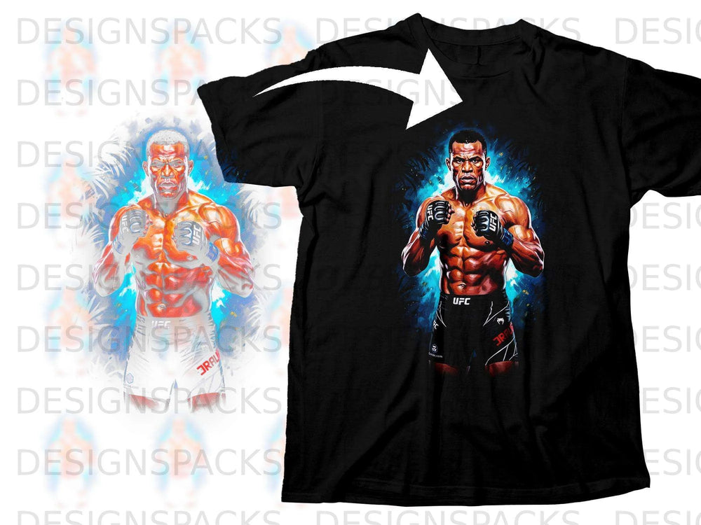 Black t-shirt featuring UFC fighter Israel Adesanya artwork with blue, fiery background.
