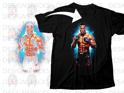 Black t-shirt featuring UFC fighter Israel Adesanya artwork with blue, fiery background.