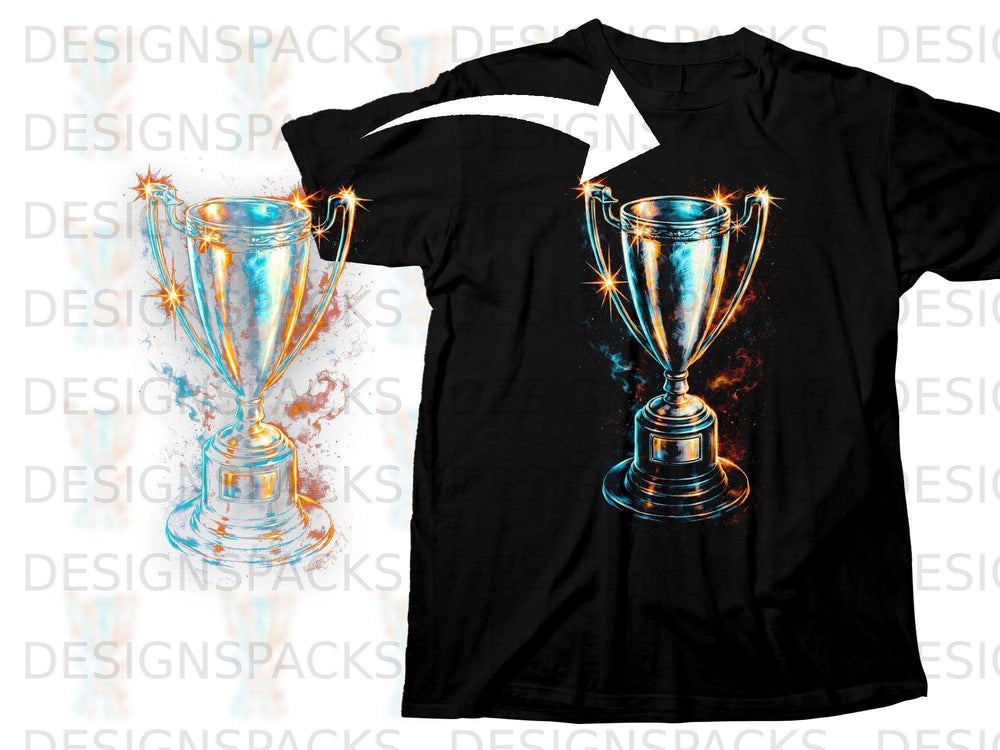Black t-shirt featuring a vibrant trophy design with orange and blue accents.