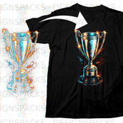 Black t-shirt featuring a vibrant trophy design with orange and blue accents.