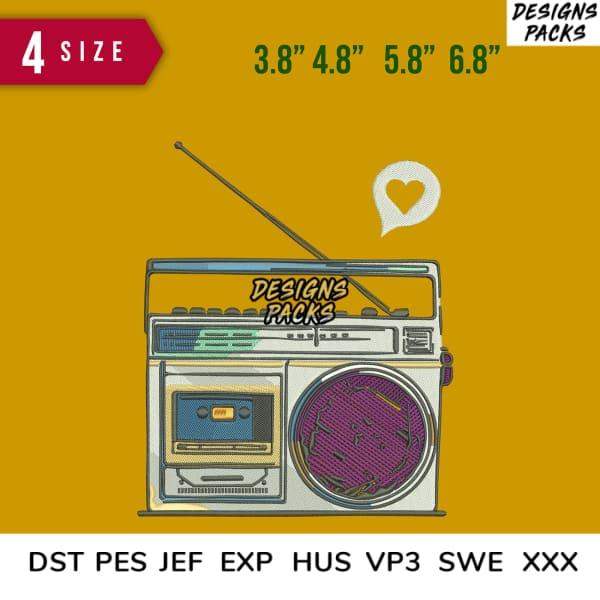 Retro boombox design in 4 sizes for embroidery, DTF, DTG – DST PES JEF EXP formats