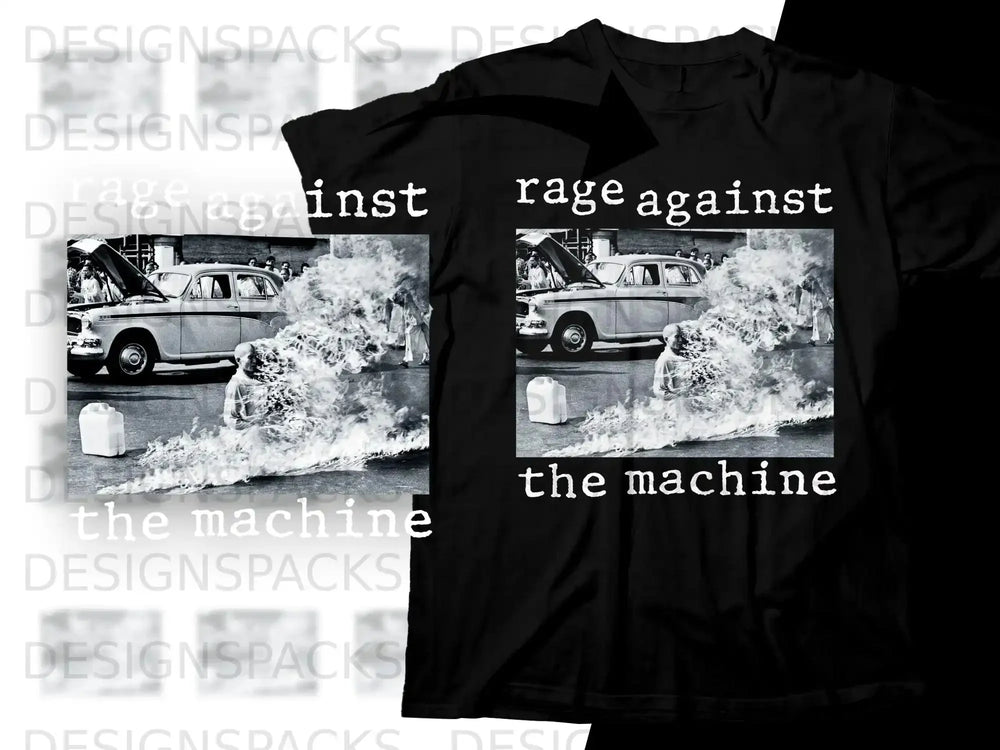 Black t-shirt with "Rage Against the Machine" logo and iconic self-immolation image.