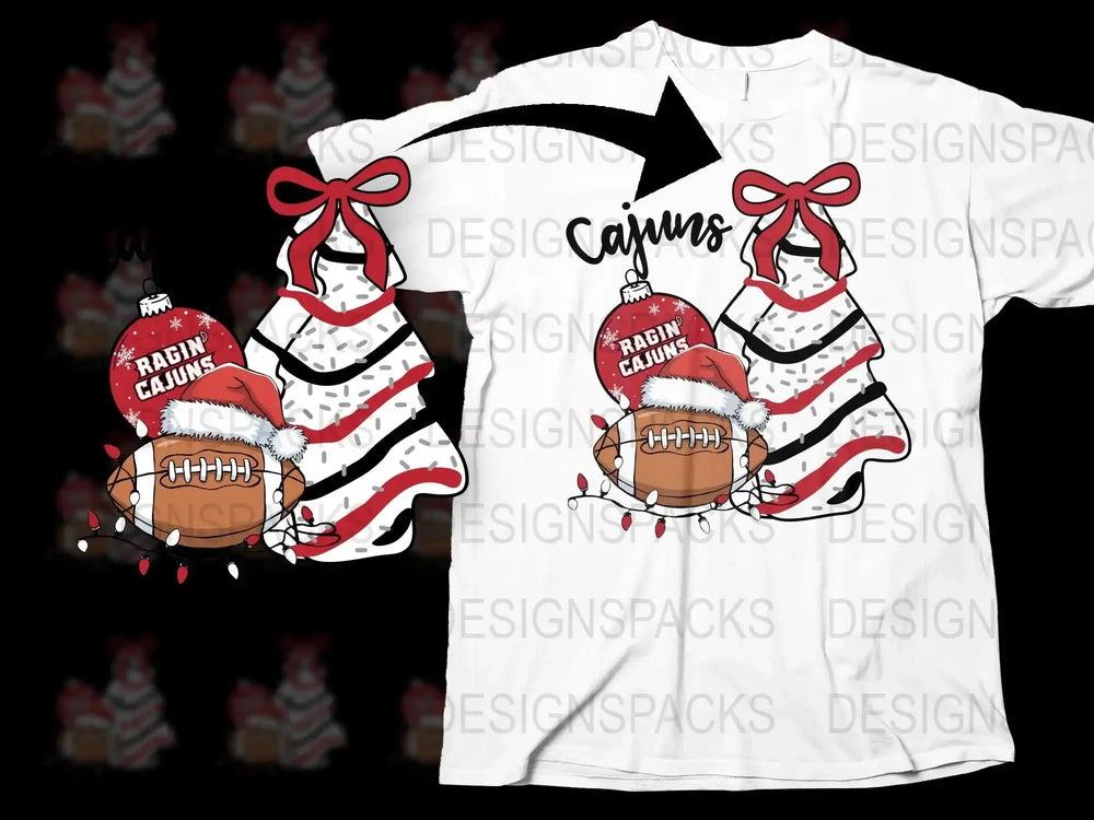 Ragin Cajuns Football Graphic T-Shirt, Red and White Striped Christmas Ornament Design, Festive Holiday Apparel