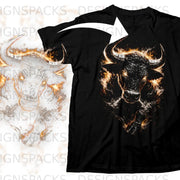 Black t-shirt with a roaring bull graphic engulfed in flames.