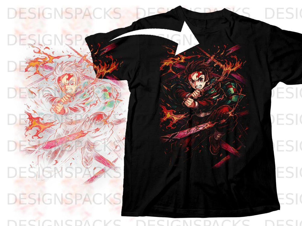 Black t-shirt featuring anime characters with swords and fire effects.