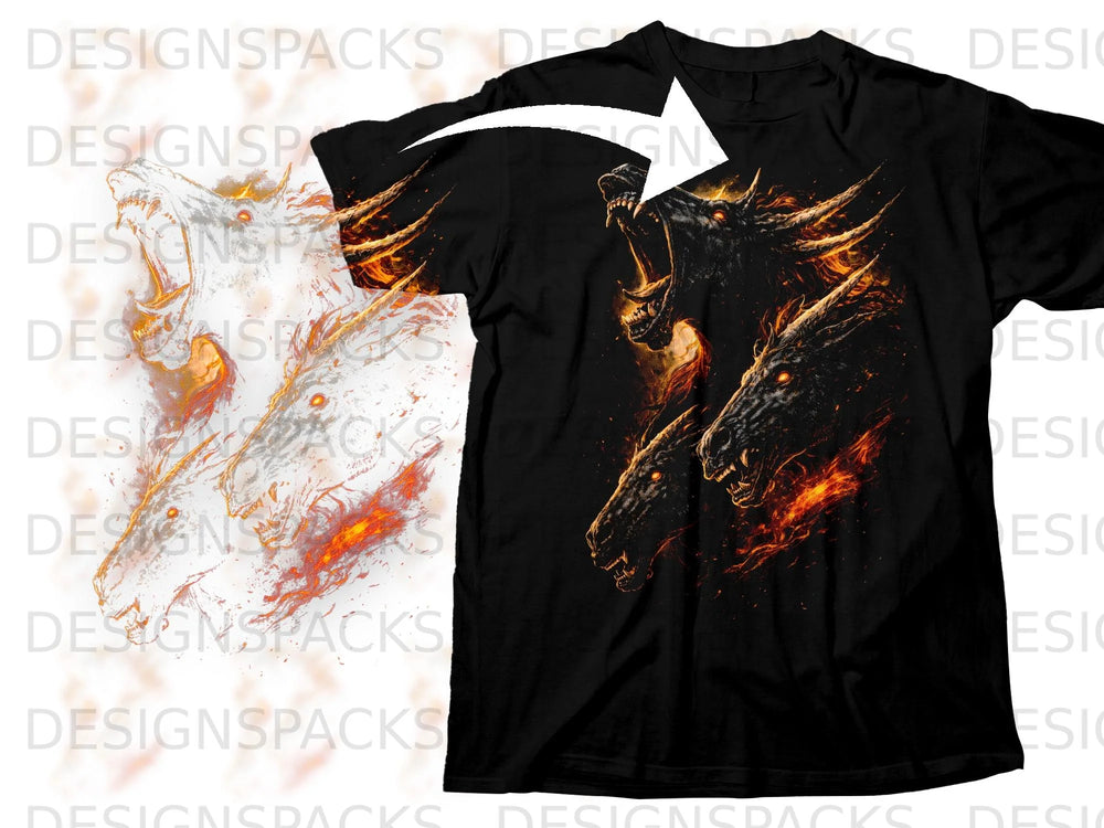Black t-shirt with fiery dragons graphic design and white arrow pointing from artwork.