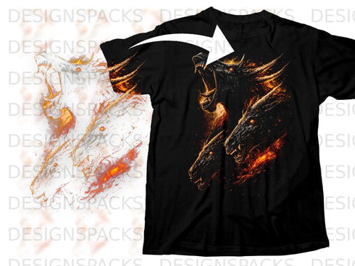 Black t-shirt with fiery dragons graphic design and white arrow pointing from artwork.