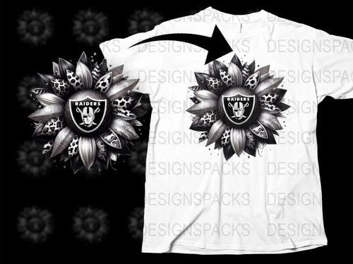 Raiders Skull Graphic T-Shirt, Metallic Floral Design, Men's Black and White Tee, Sports Fan Apparel