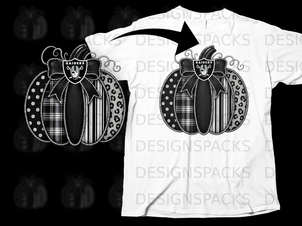 Pumpkin with Raiders logo, polka dots, plaid, stripes, and leopard print.