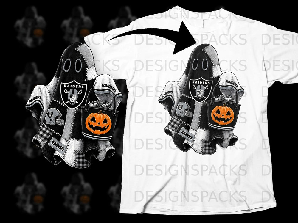 Ghost design with Raiders logo and pumpkin bucket on a white t-shirt.