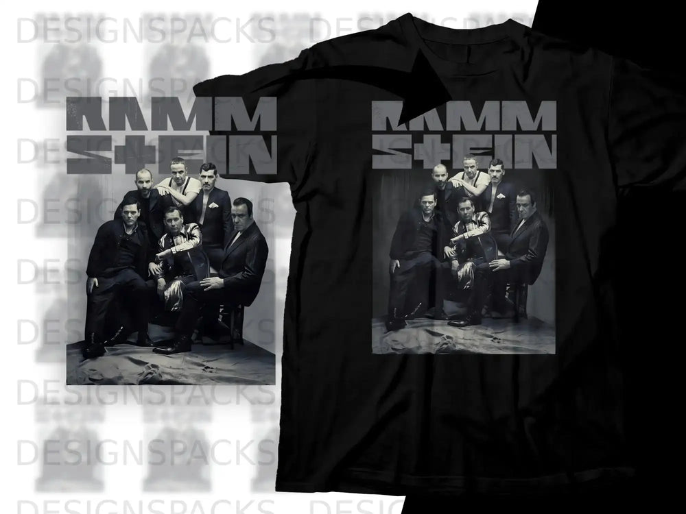 Rammstein band members pose together on a vintage couch.