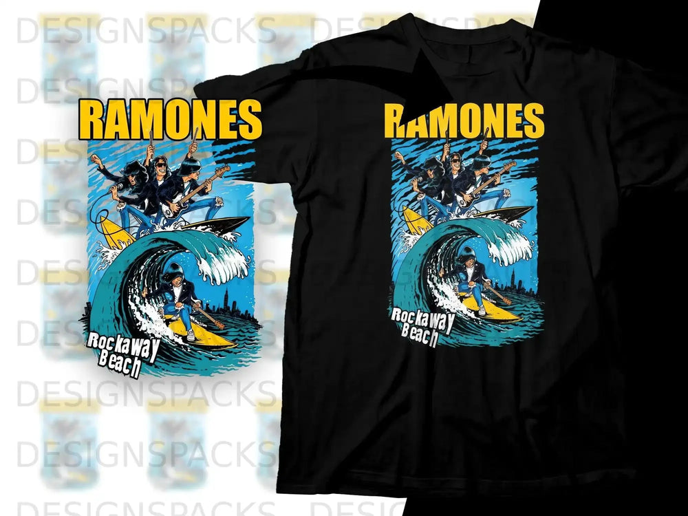 Ramones logo and cartoon band on surfboards riding a wave, with "Rockaway Beach" text.